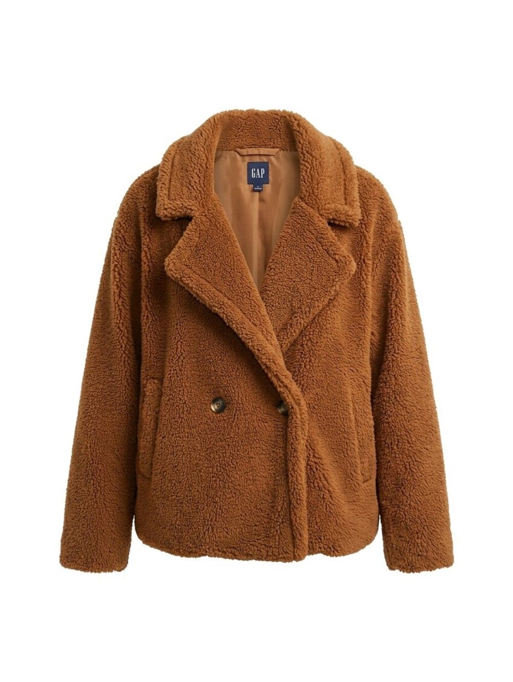 Gap Womens Large Brown Sherpa Teddy Bear Double Breasted Fleece Pea Coat Jacket